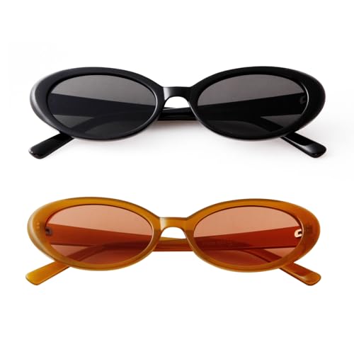 90s Sunglasses for Women Men Retro Small Oval Sunglasses - color: Black/Grey+brown/Brown
