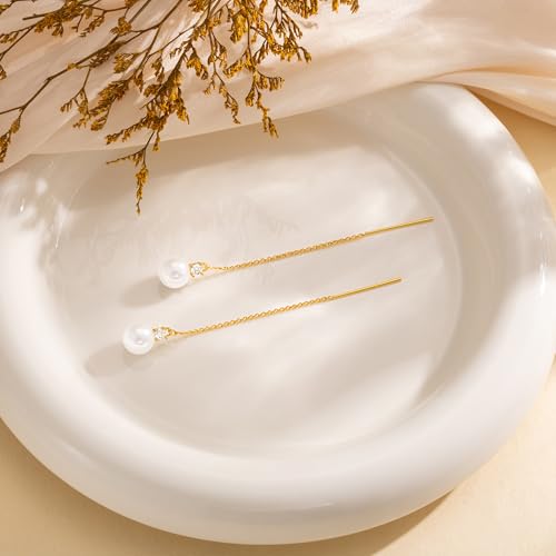 NECOCY Gold Dangle Earrings for Women Non Tarnish 14K Gold Plated Drop Wedding Hypallergenic Earring Dainty Long Hanging Chain CZ Pearl Threader Earrings Trendy Silver Plated Jewelry for Women - style: Gold&Style6