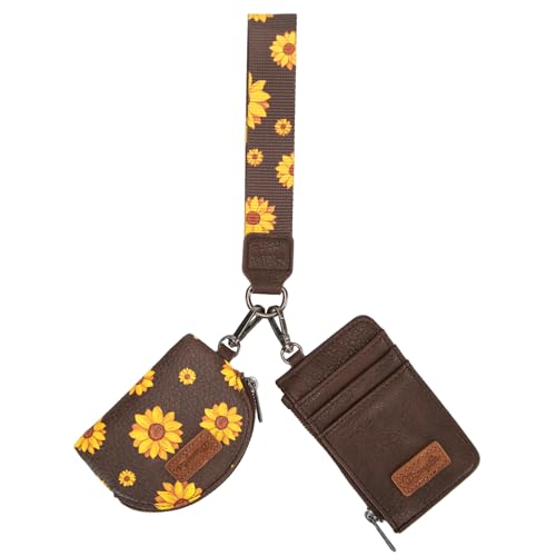 Wrangler KeyChain Wristlet Wallets for Women Sunflower Floral Dual Pouch Wristlet Western Credit Card Holder Wallet with Zipper Pocket - color: Sunflower Coffee