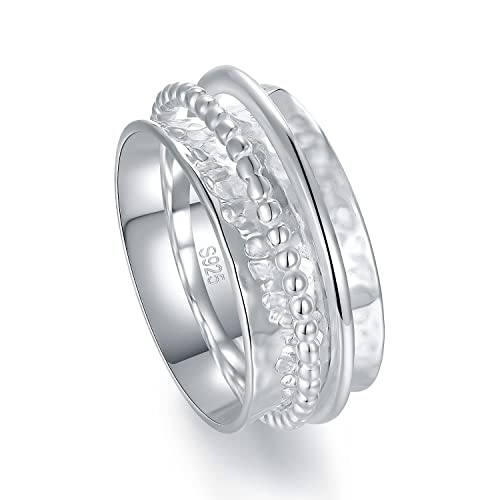 925 Sterling Silver Anxiety Ring with Beads Fidget Spinning Rings for Women Worry Beads Rings - color: hammered design C