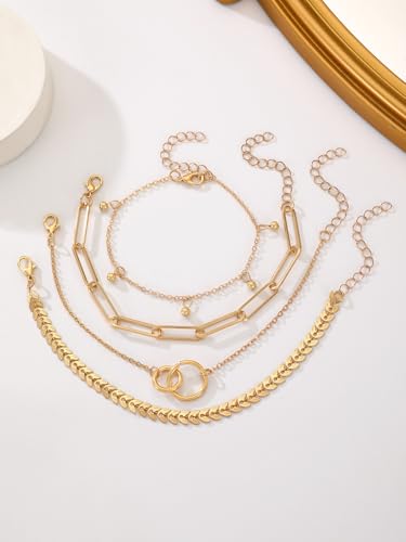 Alegend Titanium Steel (Not Rust, Resist Corruption, Easily Clean) 18K Gold Plated Single Bracelets + 14K Gold Plated Stackable Multilayer Bracelets - style: 14KGold + 4PCS C