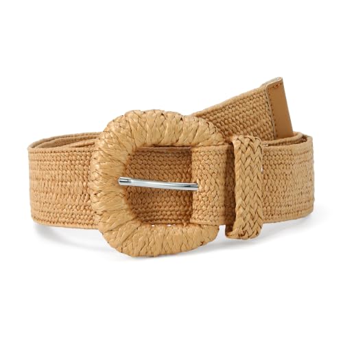 HOTWILL Women Straw Woven Belt Boho Elastic Stretch Braided Waist Belts for Summer Dresses - color: Camel_d Ring Buckle