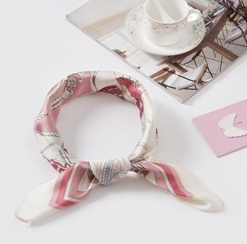 CHUNG Women's Scarf Hair Bandanas Square 27.5" Satin Wrap Fashion Pattern Scarves Emulation Silk Handbag Ribbons Necktie - color: Pink Sailboat