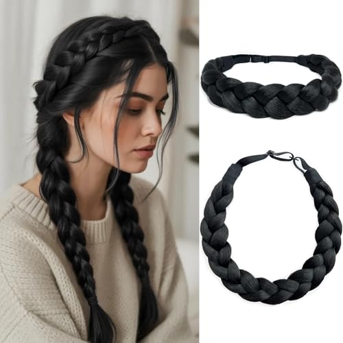 Black Braided Headbands Hair Piece for Women Synthetic Hair Head Bands Handmade Braid Hairband Hair Accessories Elastic Stretch Headwrap Braided Hair Band - color: 1B-Natural Black