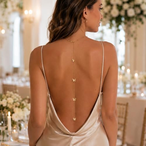 Back Necklace for Backless Dress Body Chain Jewelry for Women Adjustable Rhinestone Chain Necklace Bridal Jewelry for Weddings Summer Vacation - color: butterfly gold