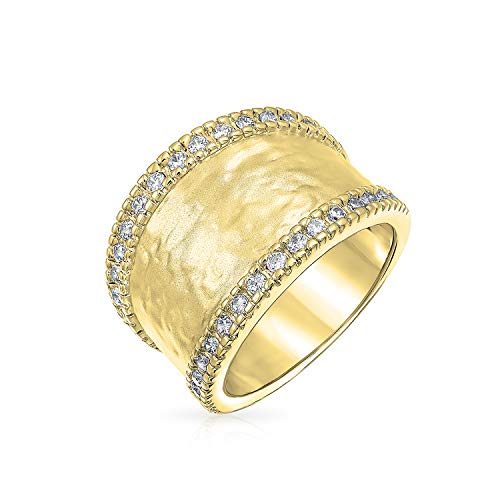 Bling Jewelry Personalized Modern Geometric Boho Style Criss Cross CZ Accent Band Fashion Statement Brushed Hammered Matte Finish Wide Band Ring For Women Yellow 14K Gold Plated Brass Customizable - color: Gold-Tone