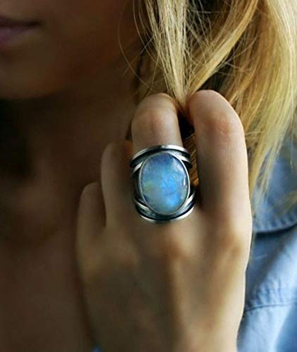 Kuyiuif Vintage Silver Ring Sterling Silver Moon Moonstone Ring for Women Gemstone Boho Jewelry Wedding Bridal Ring (US 10) - size: US 10