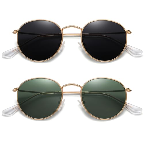 MEETSUN Round Polarized Sunglasses for Women Men Classic Retro Metal Frame Sun Glasses UV Protection - color: (2 Pack) Gold/Grey + Gold/Dark Green
