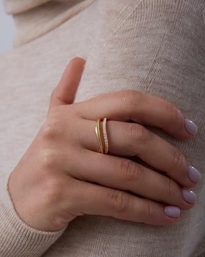 PAVOI 14K Gold Plated Wavy Split Ring - Wave Gold Stackable Rings for Women with Cubic Zirconia - Dainty Wedding Band - Trendy Bridal Fashion Jewelry - color: Yellow Gold