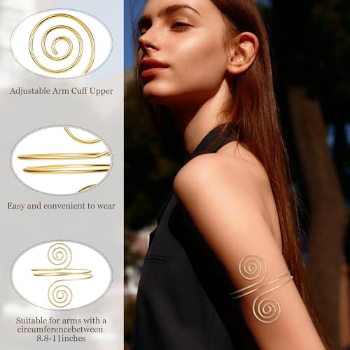 6 Pieces Upper Arm Cuff Arm Band Cuff Bangle Bracelet for Women Hammered Chunky Bracelets Open Wide Wire Bracelets Minimalist Coil Bangle Set Gold Sliver Wrist Cuff Wrap Bracelet Adjustable - color: Gold Cuff Bracelets C