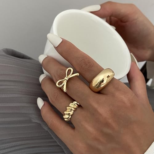 Chunky Gold Rings for Women Non Tarnish Silver Chunky Rings Set Adjustable Thick Statement Ring Gold Stackable Ring for Women Trendy Fashion Silver Jewelry - style: Style7-Gold Bow