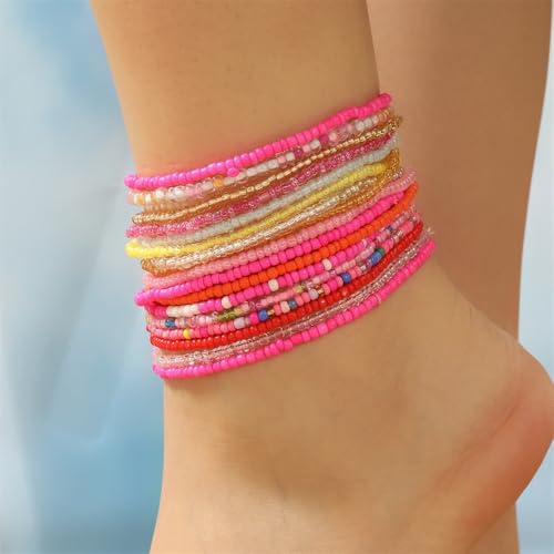 Fuqimanman2020 18Pcs Boho Stackable Beaded Bracelets for Women Colorful Handmade Multilayered Rice Beads Anklets Set Summer Beach Bohemian Jewelry Gift - color: Style 1 Pink B