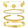 MOINSPIRE Gold Bracelets for Women, 18K Gold Plated Tennis Nail Clover love Bangle Bracelets Set Non Tarnish, Stainless Steel Trendy Stackable Bracelet Fashion Jewelry Accessories Gifts for Christmas - color: B1-Gold
