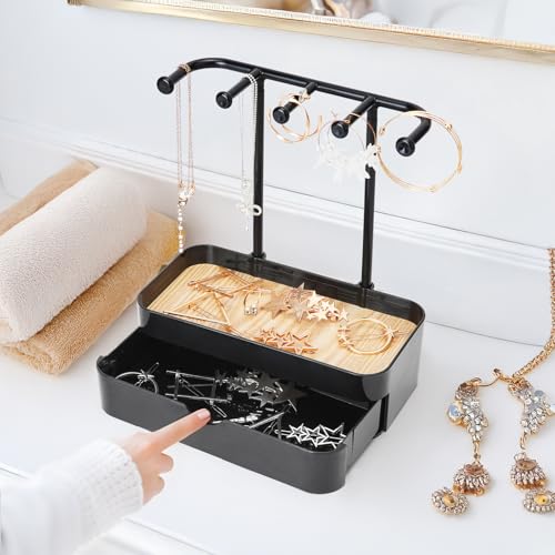 Jewelry Organizer Stand, 2-Tier Necklaces Holder with Wooden Tray and 5 Storage Hooks, Earring Holder with 5 Pcs Jewelry Bags for Bracelet,Chains,Rings,Earrings,Keys Watches (Black) - color: Upgraded Black