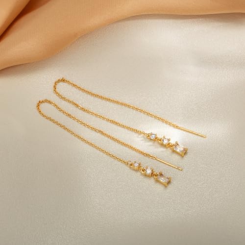 Robaice Gold Long Prom Earrings for Women, 14K Gold Plated Pearl Dangle Drop and Chain Tassel Threader Earrings Dangling，Rhinestone Zirconia Hypoallergenic Bride Party Prom Gold jewelry，Women Gifts - style: G-cz threader chain earrings