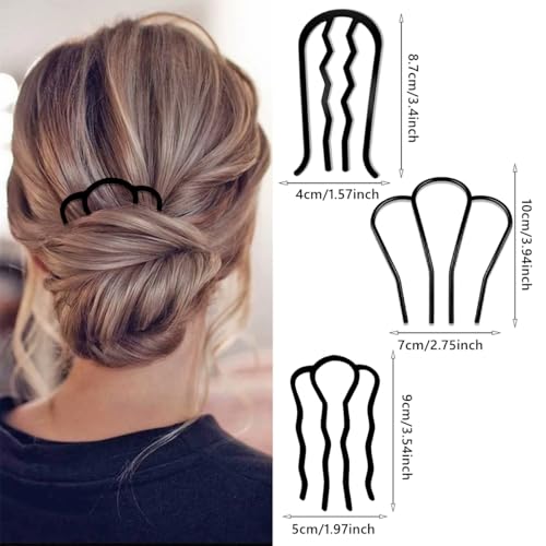 6 Piece Metal Hair Side Combs & Forks, U Shape for Vintage Updo Bun Hairstyles, Hair Accessories (4 Styles) - color: Black-4 Teeth