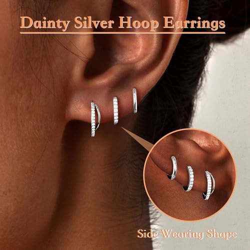 Poxtex Small Sterling Silver Huggie Hoop Earrings Set for Women, Hypoallergenic 14K Gold Plated Hoops Stacks for Multiple Piercings, Dainty Cute Mini Lightweight Cartilage Studs Trendy Jewelry Gift - color: Silver-double hoop