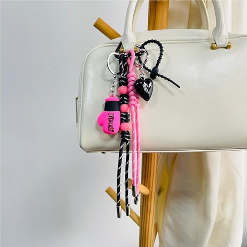 Keychain for Women, Pink Gloves Bag Charm, Hand-Woven Nylon Rope Key Chain, Aesthetic Keychain, Bag Accessories Charms for Handbag, Backpack