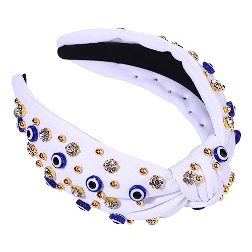 mokkia Knotted Headband for Women Evil Eye Headbands Beaded Rhinestone Crystal Knotted Headbands Sparkly Bejeweled Embellished Top Knot Headband Summer Fashion Hair Accessory (White)