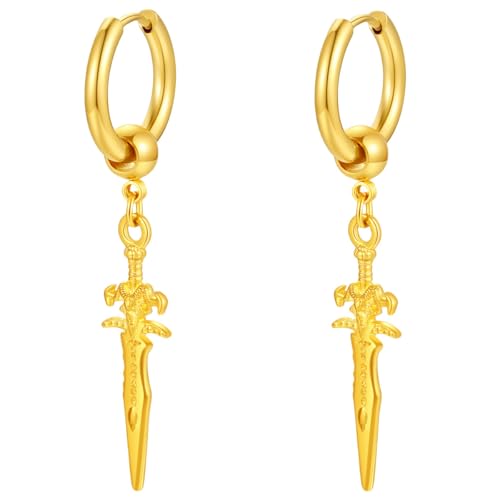 Sword Drop Dangle Small Hoop Earrings for Women Men Stainless Steel Engrave Dagger Halloween Statement Charms Drop Dangling Hoops Cuff Cartilage Wrap Vintage Punk Pray Jewelry - color: Gold-Toned