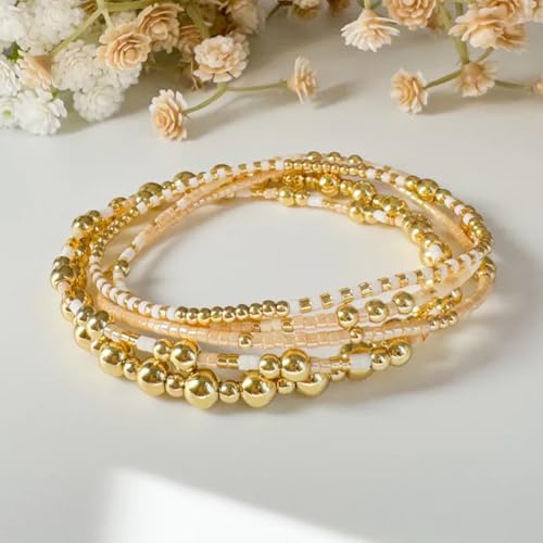 14K Gold Beaded Ball Stackable Bracelets for Women,Bohemian Stretch Colorful Seed Beads Bracelet Stack Fashion Holiday Jewelry Gift Friendship - color: Beige