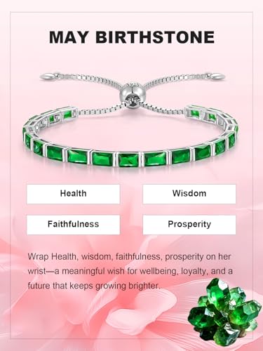 Radiant Cut Birthstone Tennis Bracelets for Women, Adjustable 6–9 Inches White Gold Plated Sterling Silver Bracelet, Hypoallergenic Anniversary Birthday Valentine’s Day Gift for Her - color: 05-Emerald