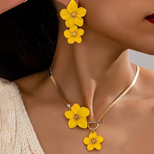 Vintage Flower Necklace Earring Set Gold Snake Chain Necklace Bohemian Large Double Flower Choker Necklaces Hypoallergenic Statement Flower Stud Earrings Elegant Bridal Wedding Summer Beach Jewelry - color: Yellow