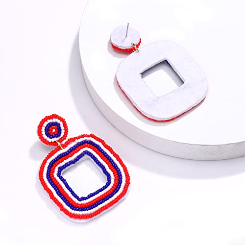 Beaded Drop Earrings Multicolored Seed Bead Earrings for Women Bohemia Statement Square Bead Hoop Dangle Earrings for Wedding Party Vacation - color: Red White Blue