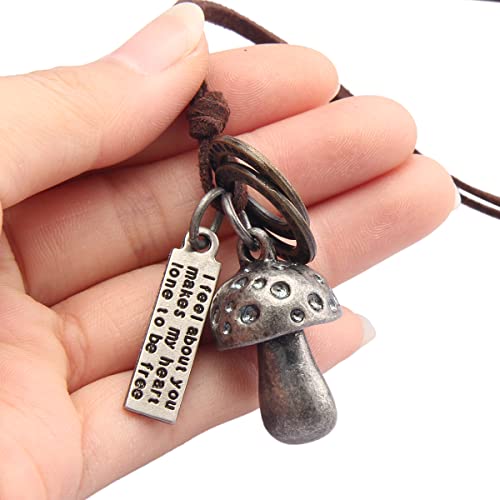 PU Leather Necklace Vintage Boho Style Multilayer Pendant Long Sweater Necklace Jewelry for Women Men with Adjustable Leather Cord - color: Mushroom Pendant Leather Necklace
