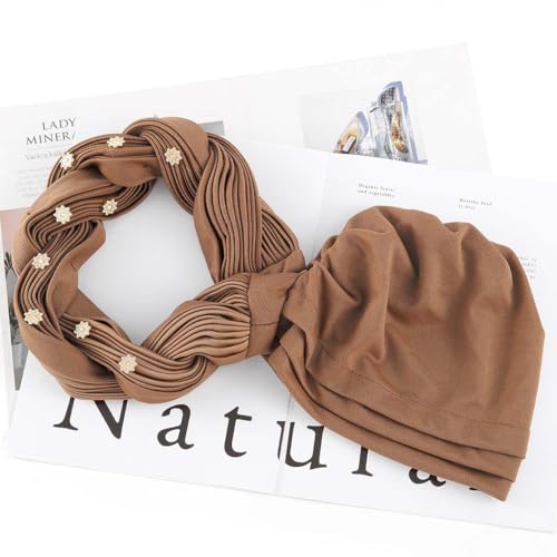 Woeoe Women African Turban Pre-Tied Twisted Beanie Cap Headwear Rhinestone Soft Stretchy Head Turbans - color: Brown