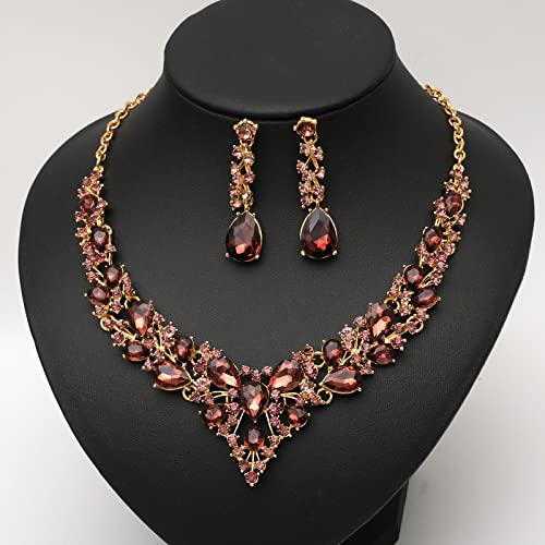 CSY 4 Pcs/Set Austrian Crystal Necklace Earrings Bracelet Ring Bridal Jewelry Sets for Brides Wedding Party Costume Accessories Gifts for Women - color: 02-gold plated-amethyst