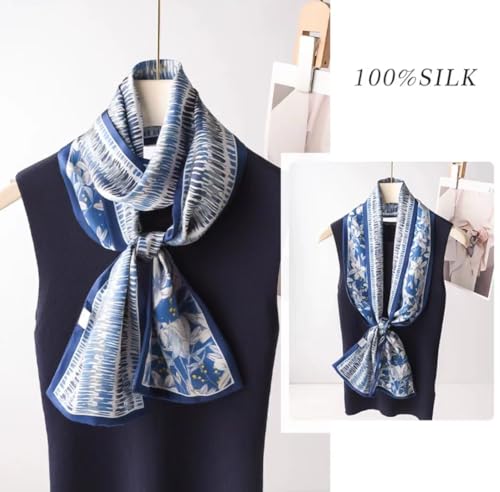ANDANTINO 100% Silk Scarf for Women 59”*6.3” Long Shawls for Headscarf and Neck- Oblong Hair Wraps with Gift Packed - color: Blue&white Lilies