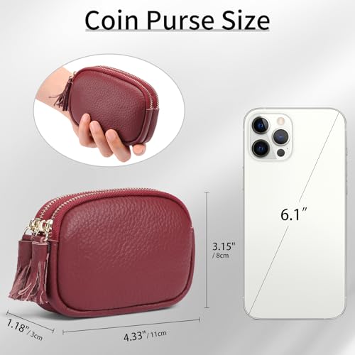 SENDEFN Coin Purse Keychain Small Genuine Leather Women Wallet 2 Zippers Around Key Ring Change Pouch Cash Holder - color: 3-Red