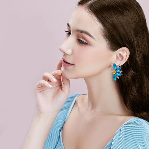 Bohemian Statement Sparkly Colourful Fancy Rhinestone Crystal Flower Dangle Drop Stud Earrings Vintage Wedding Bridal Prom Earrings for Women - color: Blue Pink