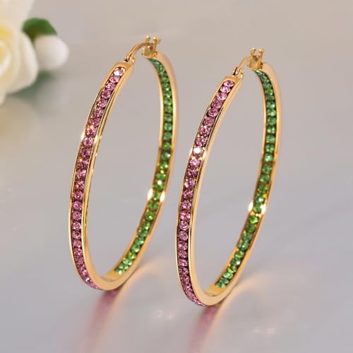 CiNily Mult-colors Crystal Stainless Steel Hoop Earring for Women Hypoallergenic Jewelry for Sensitive Ears Large Big Hoop Earrings 2" - color: Gold-Pink and Green