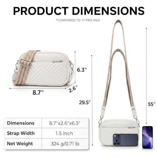 Vantamo Premium Quilted Crossbody Bags for Women with Anti-Pickpocket Clip, Vegan Leather Handbags, Travel Purses for Women - color: White With Jacquard Strap