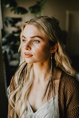 Feather Headz Bohemian handmade long lightweight feather dangle earrings for women - color: Black & Grizzly