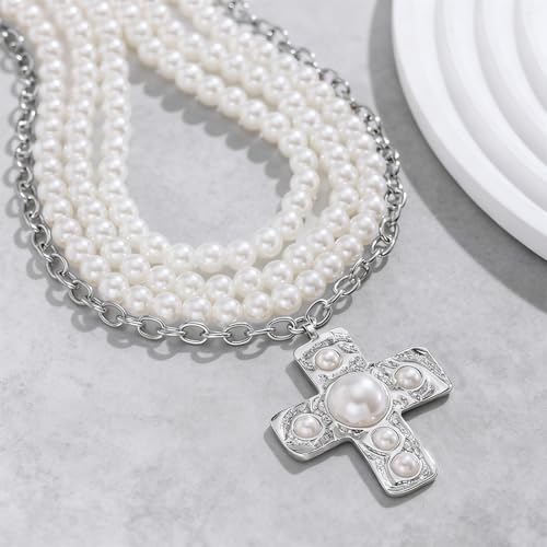 Chunky Cross Necklace for Women Chunky Gold Necklace Statement Cross Pendant Vintage Toggle Clasp Necklace Jewelry for Women - color: G2-Silver Cross Necklace