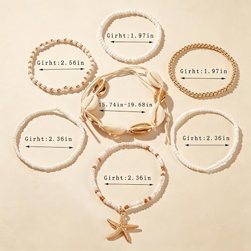 Beach shell sea star sea bead anklet set for Women, adjustable gold-plated Bohemian shell bracelet for ankle Fashion Layered anklet - color: Starfish 7Pcs
