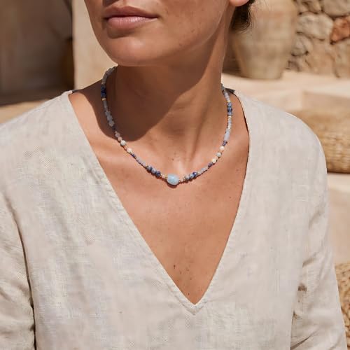 Harlermoon Beaded Necklace for Women, 18K Gold Plated Stainless Steel Natural Stone Crystal Boho Choker, Waterproof Hypoallergenic Jewelry Gift