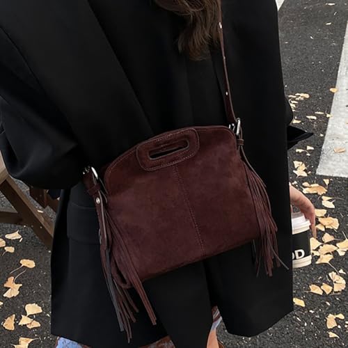 Women's Suede Fringe Crossbody Bag, Retro Hollow Handle Shoulder Purse, Novelty Fashion Tassels Bucket Bag Handbag - color: Coffee