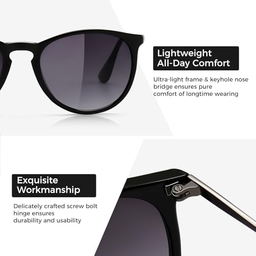SUNGAIT Premium Vintage Round Sunglasses for Women Men Classic Retro Trendy Style - color: 11 Black Frame (Matte Finish)/Gray Gradient Lens