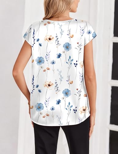 Zeagoo Women Silk Satin Tops Cap Short Sleeve Blouse V Neck Shirts Business Casual Outfits S-2XL - color: Bf290, size: X-Large