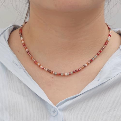 JSJOY Tiny Crystal Beaded Choker Necklaces for Women Colorful Beaded Necklace Dainty Choker Necklaces Simple Boho Jewelry Gifts for Teens Handmade Shining Bead Necklaces Gifts - color: Red