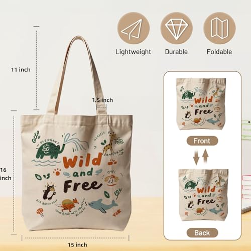 Canvas Tote Bag with Zipper for Women, Aesthetic Tote Bag with Pocket for Vacation, Shopping, Travel, Beach - style: Wild and Free