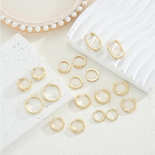 9 Pairs Small Gold/Silver Hoop Huggie Earrings Set for Women, 14K Gold Plated Chunky Hoop Small Earring Hypoallergenic Thick Open Lightweight Chunky Hoop Earrings Jewelry for Gifts - color: gold-2