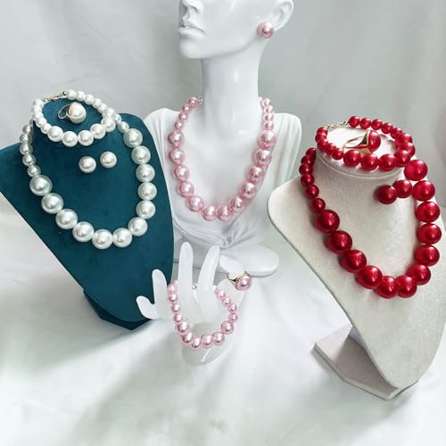 Chunky Beads Jewelry Set Boho Large Simulated Pearl Statement Colorful Beaded Necklace Bracelet Earrings Ring Set Holiday Party Bride Outfit for Women - color: Red