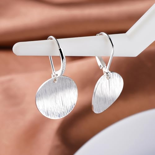 14K Gold Dangle Earrings for Women，Lightweight Circle Disc Coin Geometric Flat Brushed Drop Earrings, Hypoallergenic Leverback Earrings Jewelry - color: A-Silver
