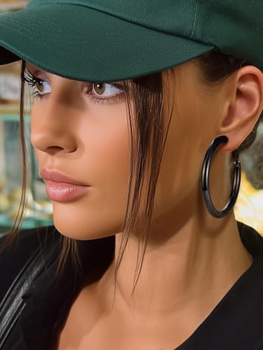 Stainless Steel Chunky Hoop Earrings For Women, Minimalist and Chic, Black/Gold Plated, Round Hoops Earrings Hypoallergenic, Size: 30mm/40mm/60mm/80mm, Come with Box - color: 1. Black, size: 50MM