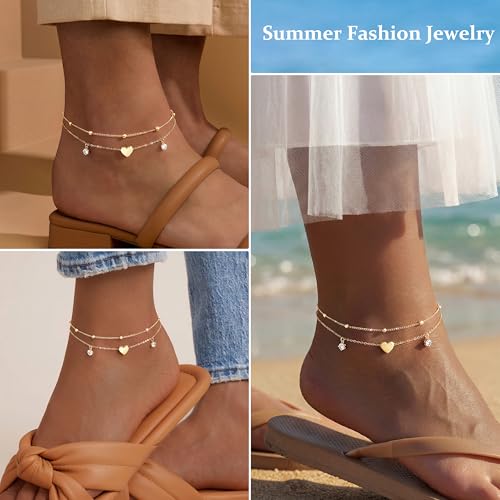 Gold/Sterling Silver Anklet Bracelets for Women Waterproof, Non Tarnish 925 Sterling Sliver Plated Heart Evileye Butterfly Charm, Dainty Summer Beach Anklets for Women, Beach Vacation Bikini Outfits for Her Mom - style: Heart-Gold
